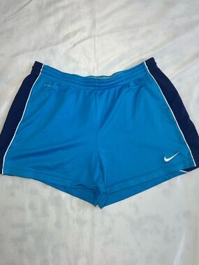 Nike Women’s Blue Athletic Shorts with Navy Side Panels DriFit Drawstring Large